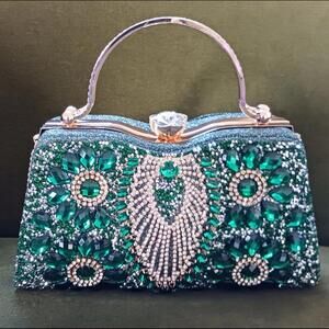 Bejeweled Gold Hardware Green Crystal Convertible Evening Bag Clutch Purse